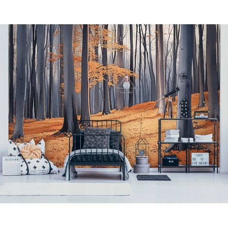 Vlies Fototapete Wald Landchaft 400x280 cm, Tapeten, für Wohn und Schlafzimmer, Vliestapete Wandtapete Tapete 3D Effekt- inkl. Kleister - Natur Orange Bäume Herbst, WallArena (1/4)