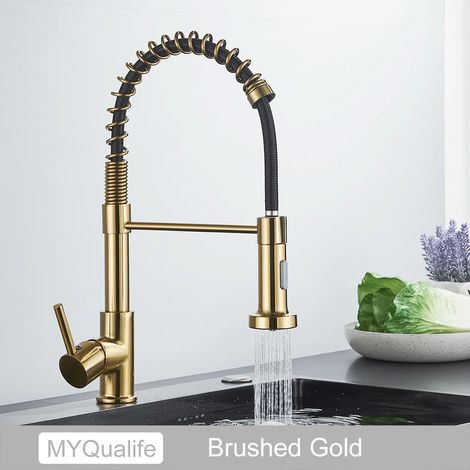 Robinet de cuisine (Or brossé) à poignée unique et ressort, support suspendu pour salle de bain ou cuisine. (1/2)