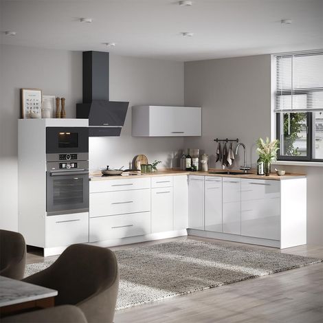 Cocina esquinera Fame-Line, Blanco alto brillo/Blanco, 287 x 207 cm, ET Mármol, Vicco (1/5)