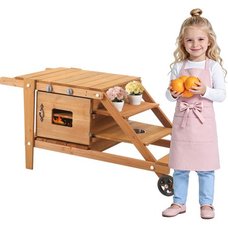 Cuisine d’extérieur pour enfants sur roulettes, cuisine de boue pour enfants, cuisine de jeu avec accessoires, chariot alimentaire en bois, cuisine de boue, ensemble cuisine de jardin pour enfants à p