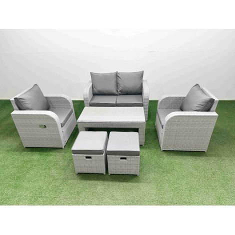 Fimous Light Grey PE Wicker Rattan Garden Furniture Set Sofa Set Reclining Adjustable Chair Oblong Coffee Table 6 Seater 2 Small Stools (1/4)