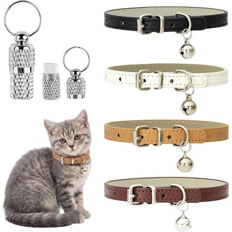 Lot de 4 Colliers pour Chat en Cuir PU avec Grelot et Boucle Réglable + 1 Pendentif Anti-Perte, Collier Réglable 20-28cm pour Chats, Chatons et Petits Chiens (1/5)