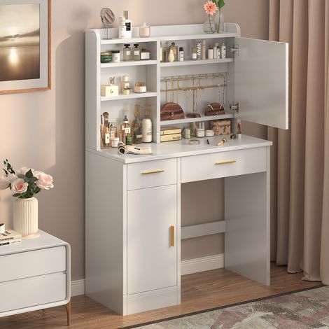 Coiffeuse avec Miroir LED, Luminosité Réglable, 3 Couleurs, Coiffeuse avec Grand Miroir, 2 tiroirs 5 Étagères et 1 Armoire, Rangement Caché, 40P X 80L X 140H cm, Blanc