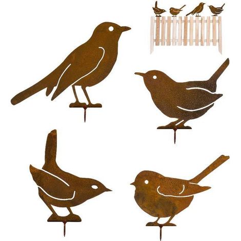 4 oiseaux décoratifs pour arbre, métal avec patine rouille naturelle, décoration extérieure jardin et terrasse