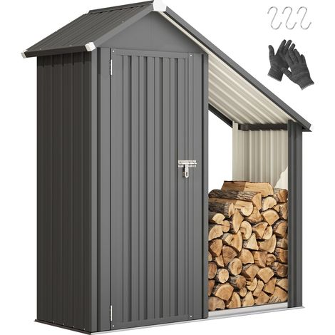 Portalegna da Esterno con Armadietto Porta Attrezzi, 0.77 m², 150x66x162 cm, in Acciaio Zincato, Grigio Scuro (1/5)