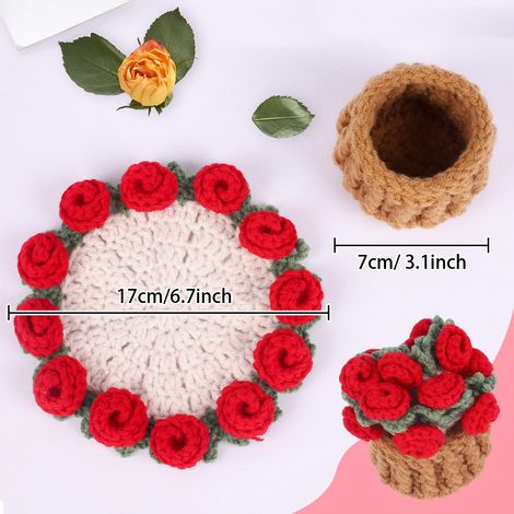 Ensemble de 3 sous-verres crochetés à la main avec mini panier - Sous-verres floraux bohèmes adaptés aux tables basses, mariages, pendaisons de crémaillère, anniversaires, motif rose vintage (rouge). (1/4)