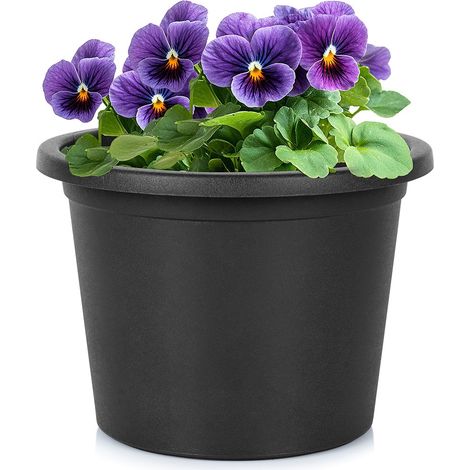 Schwarzer runder Übertopf aus Kunststoff für Blumen auf der Terrasse, 23 cm