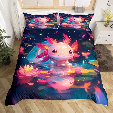 Parure de lit 135 x 200 cm Motif dessin animé Axolotl Motif salamandre Rose Kawaii Housse de couette et 1 taie d'oreiller (1/5)