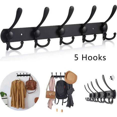 Wandgarderobe, Garderobenstange, Hakenleiste, Kleiderhaken, Edelstahl-Garderobenhaken, Handtuchhalter mit 5 Haken, schwarz, 40 cm. (1/4)