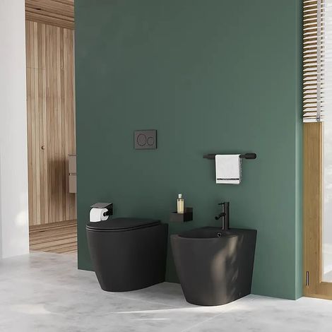 Coppia di sanitari filomuro ceramica nero opaco vaso rimless copriwc soft close e bidet Europa Small