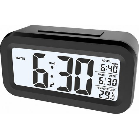 Réveil digital LCD noir à piles avec affichage température et capteur de lumière noir réf 5269 13,5 × 4,7 × 7,1 cm 150 g – Livraison gratuite
