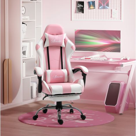 MODFU – Sillón gamer de piel sintética con reposacabezas, soporte lumbar, reposapiés y altura regulable para oficina – Rosa/blanco (1/5)