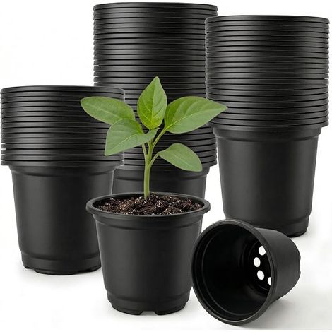 100 Pieces Pot Semis Rond,Pot de Repiquage 10cm,Pots de Fleurs Plastique,Réutilisables Pot de Culture pour Plantation Intérieure et Extérieure (Noir) (1/5)
