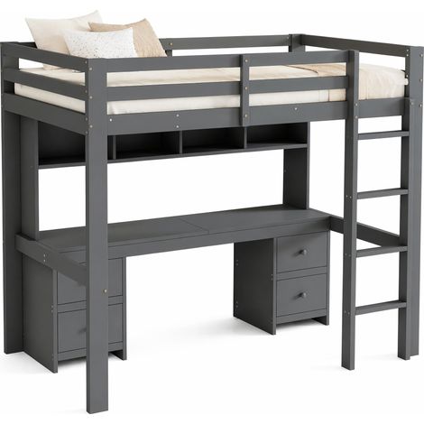 Letto a castello 90x200 cm con scrivania inferiore, 4 cassetti, ampi vani portaoggetti, in legno di pino e MDF, grigio, per camera ragazzi – CHICFURN (1/5)