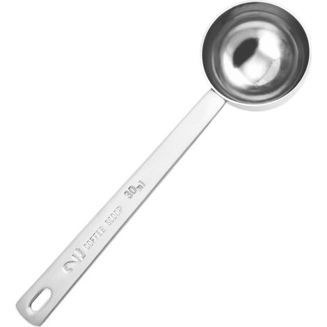 Ahlsen Pieza de cuchara medidora de café de acero inoxidable, cuchara medidora de café de acero inoxidable de 30 ml, cuchara medidora colgante de mango largo para café, té, leche en polvo, azúcar, esp (1/5)