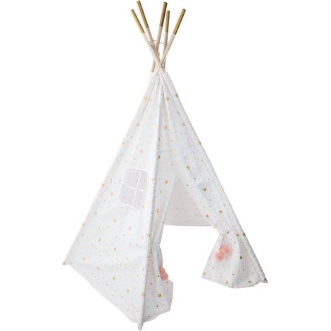 Atmosphera – Tipi enfant décoratif 130x130cm H160 – Structure en bois de peuplier – Toile en coton et polyester – Motifs étoilés dorés