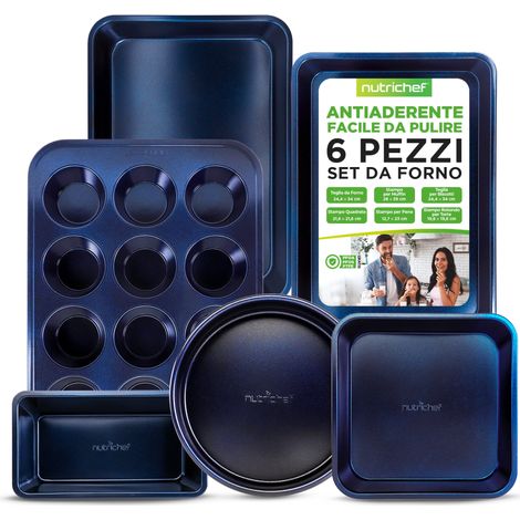 NutriChef Set di 6 Teglie da Forno Antiaderenti in Acciaio al Carbonio, Teglie Forno per Biscotti, Muffin, Torte e Pane, Resistenti ai Graffi, Lavabili in Lavastoviglie, Blu (1/5)