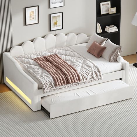 MEUBLIV Cama 140x200 cm beige con cama nido LED, sin colchón (1/5)