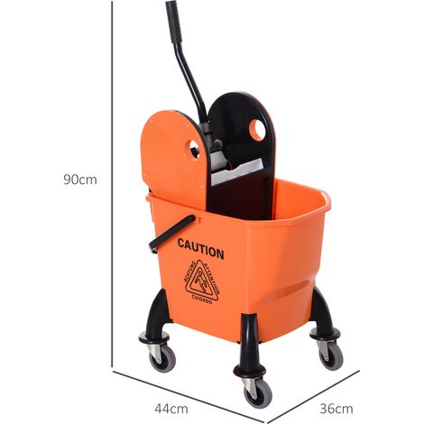 Chariot de nettoyage professionnel, capacité de 26 litres, avec manivelle amovible, roues, 44 x 36 x 90 cm, orange. (1/5)
