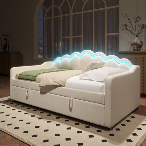 DESVIAE Lit de jour canapé lit hydraulique avec rangement et bande LED tête de lit ondulée velours beige 90 x 200 cm (1/5)