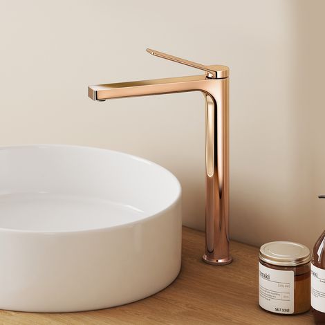 EMKE Waschtischarmatur Hoch Roségold 335 × 233 × 46 mm, Einhebelmischer aus Messing für Aufsatzwaschbecken