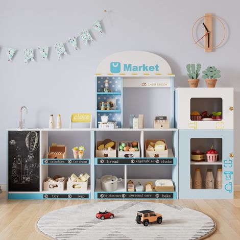 Marchande enfant 155x30x107, 5 cm avec étagères tableau MDF plastique bleu (1/5)