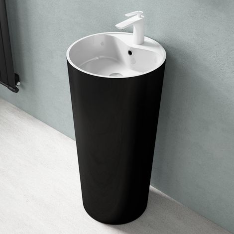 doporro Lavabo Colonne sur Pied Rond Noir + Blanc Vasque Fonte Minérale Solid Surface Lave Mains pour Salle de Bain 45x45x90cm Colossum35