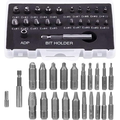 Lot de 22 Endommagé Vis Extracteurs de Vis Cassé Extracteur de Vis HSS avec Porte-embout Magnétique et Adaptateur de Douille pour Vis Cassée (1/4)