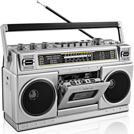 Retro 80s Boombox with Bluetooth and Cassette Player AM/FM/OC Radio, 24W Powerful Bass Sound, Support USB/Micro SD, Portable for Indoor and Outdoor Use (1/5)