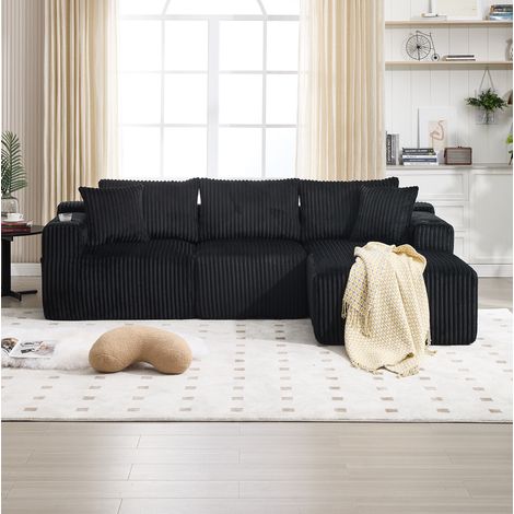 Sofá modular con chaise longue y 5 cojines de pana negro OKMYHOME (1/5)