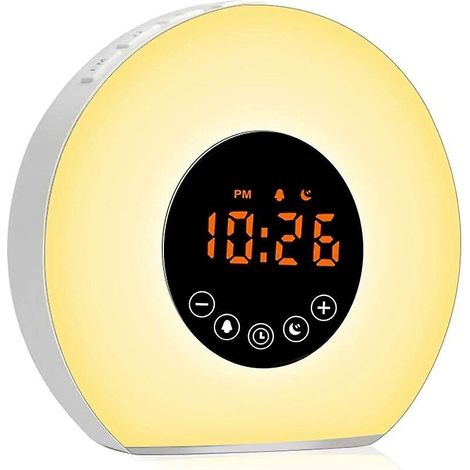 Réveil lumineux, radio-réveil du matin, lampe de chevet LED avec 7 sons naturels, 7 couleurs et 10 niveaux de luminosité, veilleuse LED (1/4)