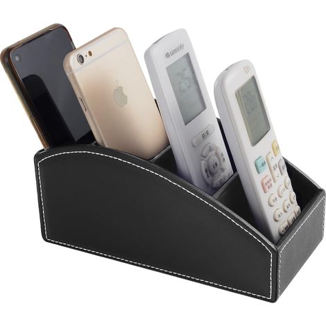 Support de télécommande TV avec 4 compartiments, en cuir synthétique, décoration de table de chevet, boîte à lunettes, pinceau de maquillage, stylo, téléphone portable (Noir) (1/5)