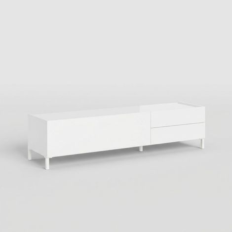 Minimalistisches TV-Rack mit 1 Fach und 2 Schubladen, 160x42x40, Solaria - Weiß glänzend
