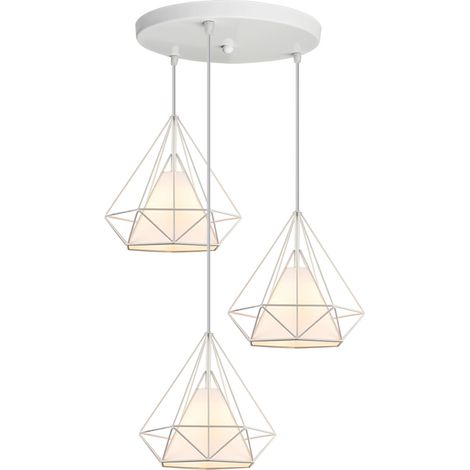 Plafonnier Vintage En Forme De Cage De Diamant 25CM 3 Lumières Lampe De Plafond En Fer Lustre De Restaurant, Bar, (Blanc)