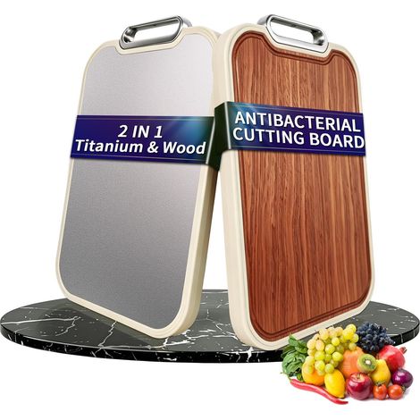 2 en 1 Planche a Decouper en Titane & Bois - Planche à Découper avec Rainure À Jus - Antidérapante & Antibactérienne,Planche à Découper de Cuisine pour Viande,Légumes,Fruits (Titane + Bois) (1/5)
