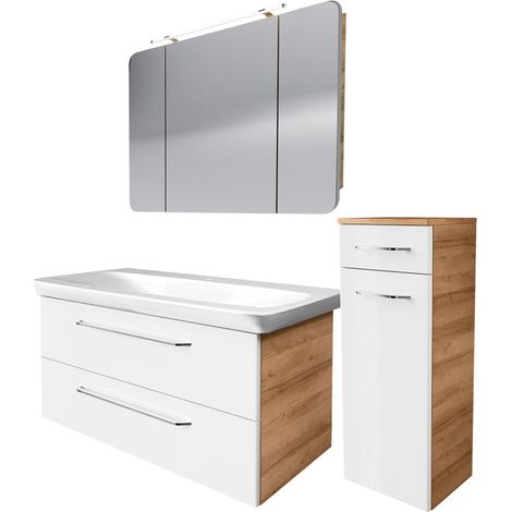 Fackelmann MILANO Badmöbel Set 4-teilig, 100 cm, Braun hell/Weiß, Keramik+Spiegelschrank+Midischrank"-"90307145 (1/3)