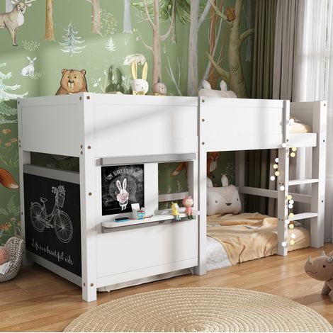 Lit cabane enfant en bois massif 90x200 cm blanc, style scandinave, avec tableau, étagère et escalier 3 marches (1/5)