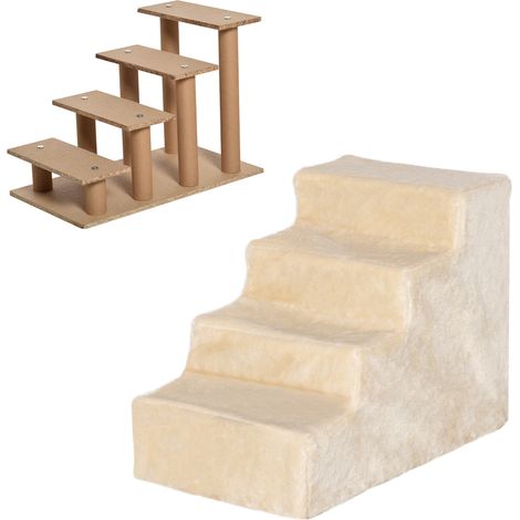 Rampe pour animaux 4 marches avec revêtement amovible en peluche beige 60 x 35 x 44 cm (1/5)