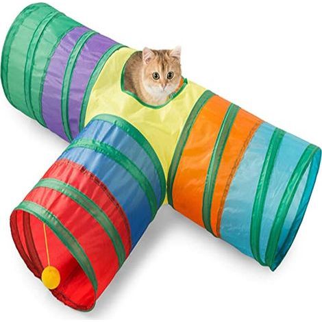 Tunnel pour chat interactif - Jouet pour animal domestique - Tunnel de jeu pour chats, chatons, lapins, chiots - Pliable (T-Style Rainbow) (1/5)