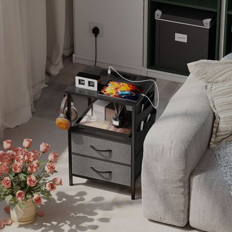 Table de chevet bout de canapé connectée - 40x30x60 cm - Table d'appoint avec multiprise USB-C, tiroirs et crochets - Noir (1/5)