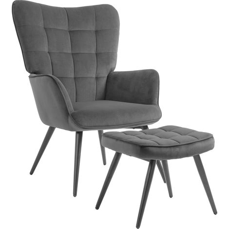 Fauteuil relax avec repose-pieds assorti style scandinave piètement métal noir revêtement aspect velours - gris