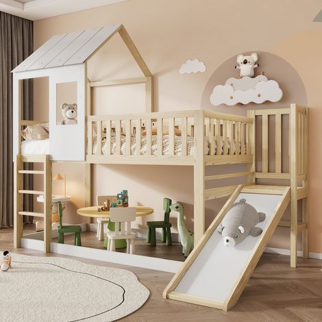 Lit cabane Enfants 90 x 200,lit superposé Enfant antichute,lit Mezzanine 2 Places,avec échelle à Angle Droit et Toboggan, avec Toit et fenêtre,et Grille,Structure en pin,Naturel Blanc