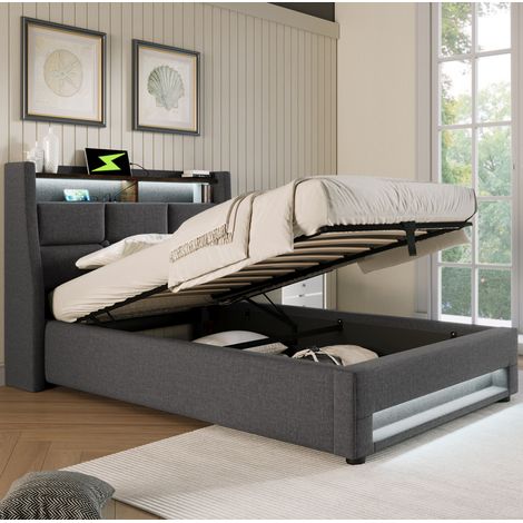 Bett Polsterbett Stauraum 90x200 LED USB Leinen OKMYHOME (1/5)