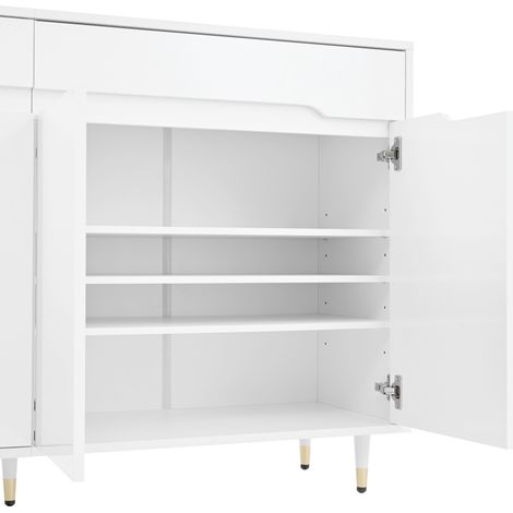 Mueble Zapatero con 2 Puertas y 2 Cajones, Estantes Ajustables, Patas Doradas, Estilo Moderno, en Tablero Aglomerado, Blanco, 140×39×84 cm (1/5)