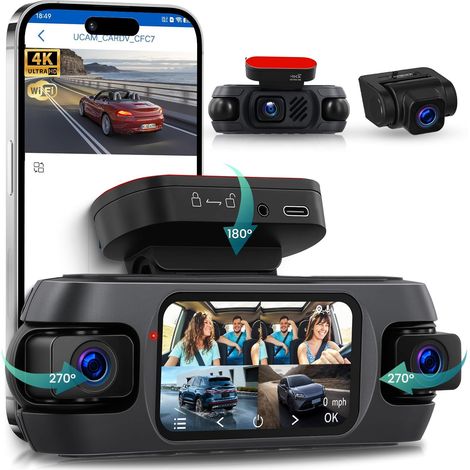 4K Dashcam Voiture 360° avec WiFi, 4 Caméras Avant Arrière Intérieur Gauche, Nachtsicht Ohne Licht, Écran Tactile IPS 3", Enregistrement en Boucle, Capteur G, localisation GPS,Contrôle des App (1/5)