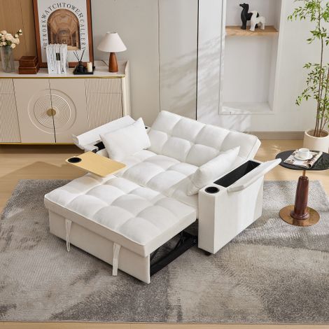 Canapé 2 places，140,5 x 74 x 82 cm，Canapé-lit 3-en-1 / Canapé convertible，Avec dossier réglable, port USB, tablette escamotable et porte-gobelets，Canapé 2 places, méridienne et lit de repos，Beige