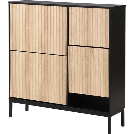 Scarpiera con panca estraibile, 3 ante ribaltabili e vano aperto, MDF nero e naturale (1/5)