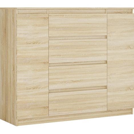 Commode : Chêne Sonoma, 140 x 39 x 101 cm, 2 portes, 4 tiroirs (1/5)