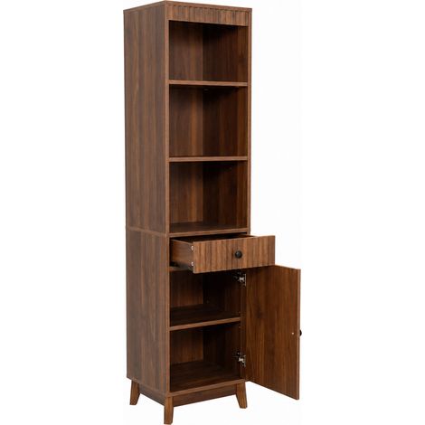 Freistehender Hochschrank Bad 172 cm aus MDF in Nussbaum mit Schublade und reversibler Tür (1/5)