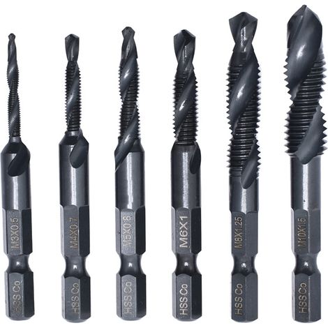 Lot de 6 forets et tarauds combinés - Outils de taraudage - Tailles M3 x 0,5 M4 x 0,7 M5 x 0,8 M6 x 1,0 M8 x 1,25 M10 x 1,5 avec revêtement noir antirouille (1/5)